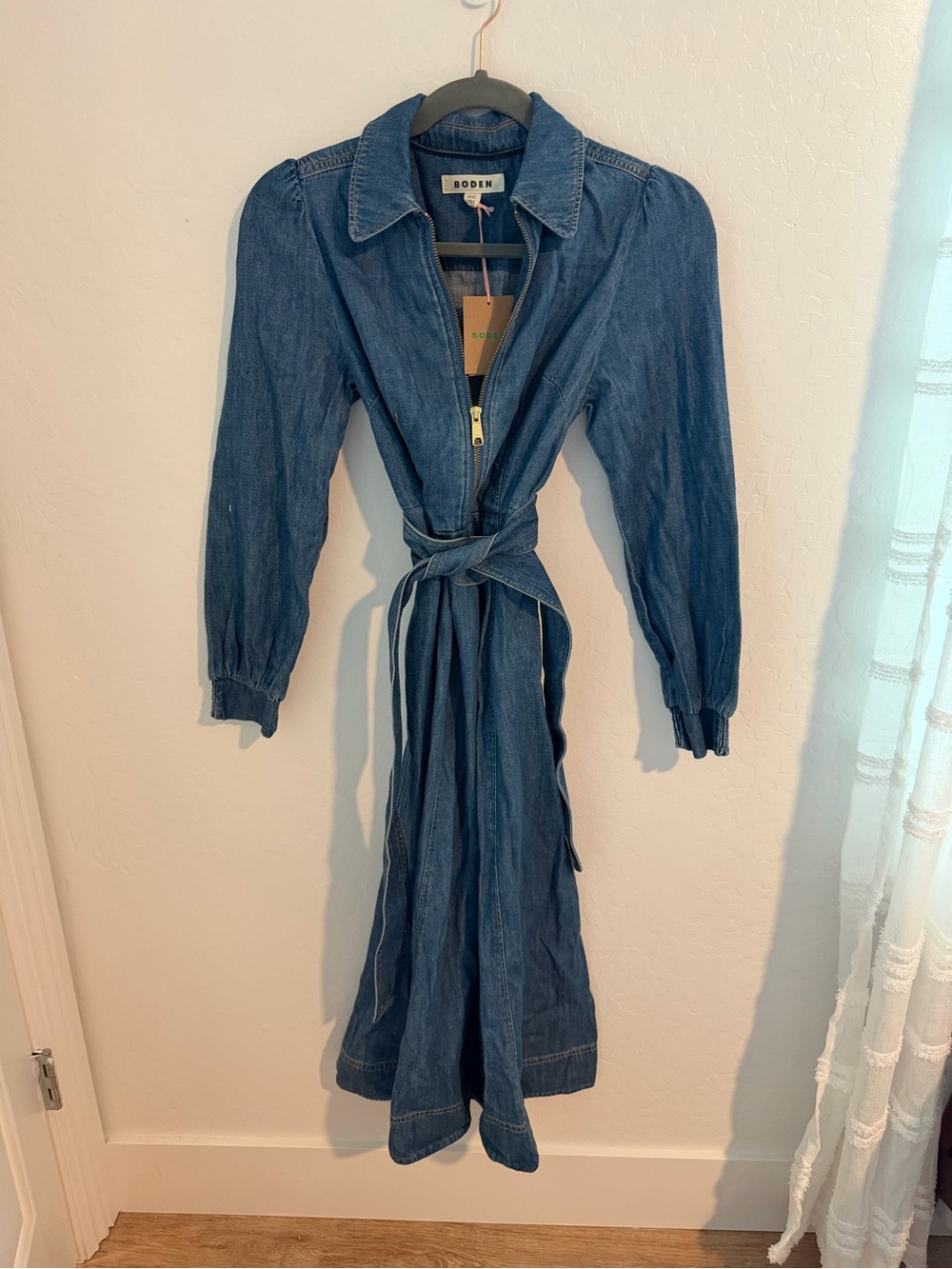 Boden Blue Denim Zip-Front Midi Dress with Tie Waist